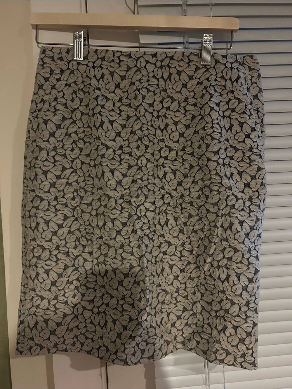 J. Crew Grey Pencil Skirt with Cream Leaf Motif